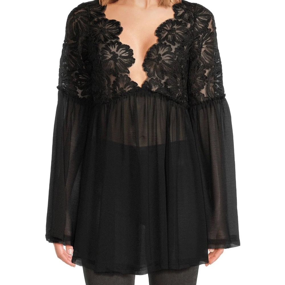Free People Black Sheer Floral Top